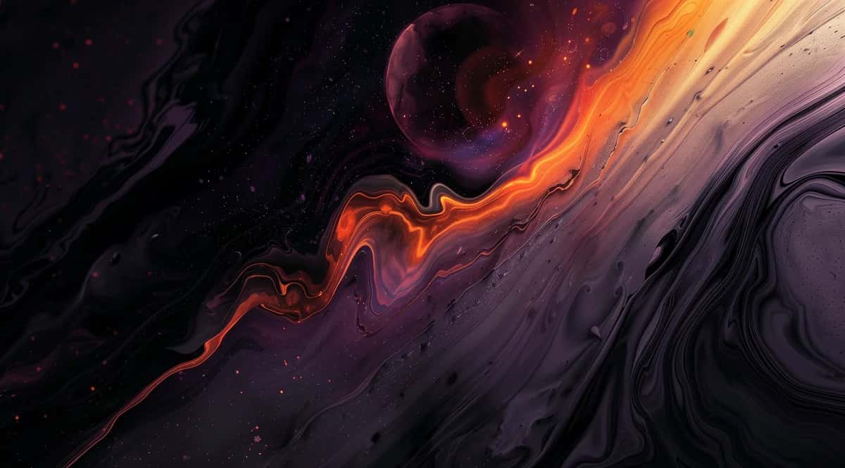 Abstract cosmic swirl with orange flames and dark purple nebula clouds, glowing orb in upper left