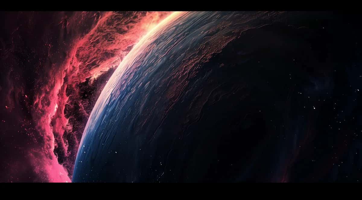 Glowing pink nebula swirling around curved blue planet edge in cosmic space