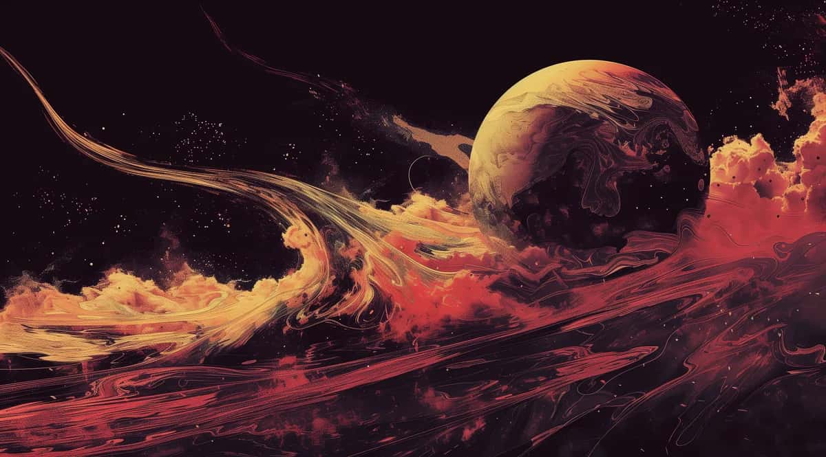 Surreal cosmic landscape with golden sphere, flowing lava streams, and fiery clouds against dark space