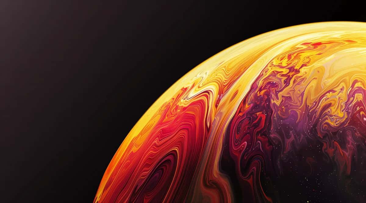 Abstract swirling sphere with golden yellow, red, and burgundy marbled patterns against black