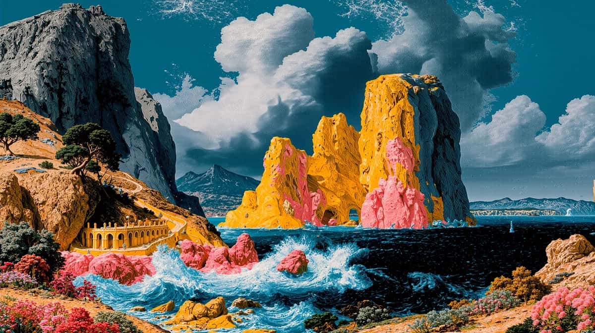 Vibrant rocky sea stack formations painted in yellow, pink, and orange with turquoise ocean waves and blue sky