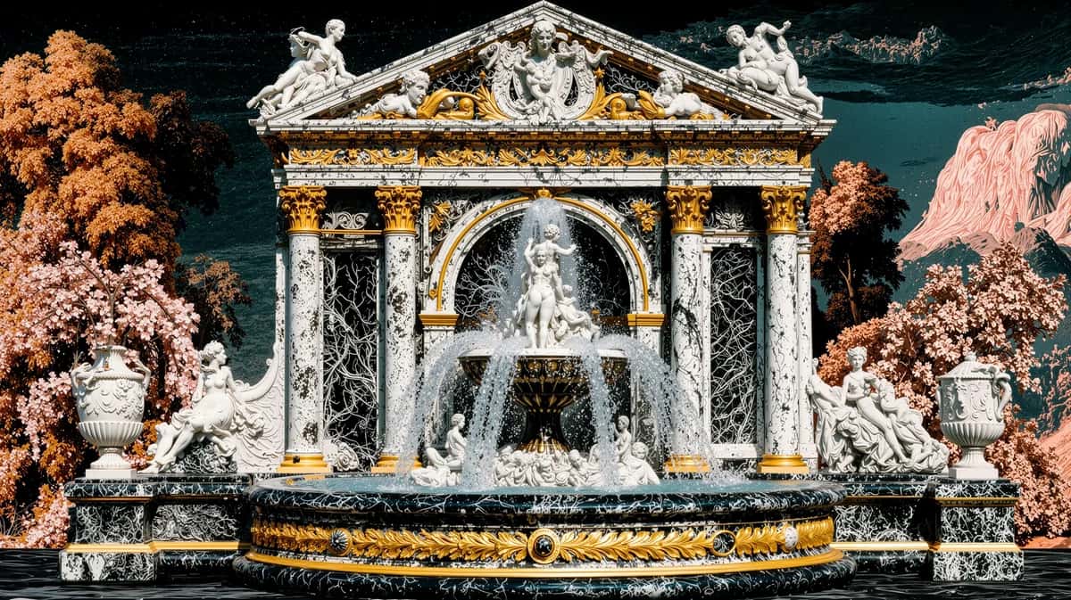 Ornate neoclassical fountain pavilion with white marble, gold accents, and autumn foliage backdrop