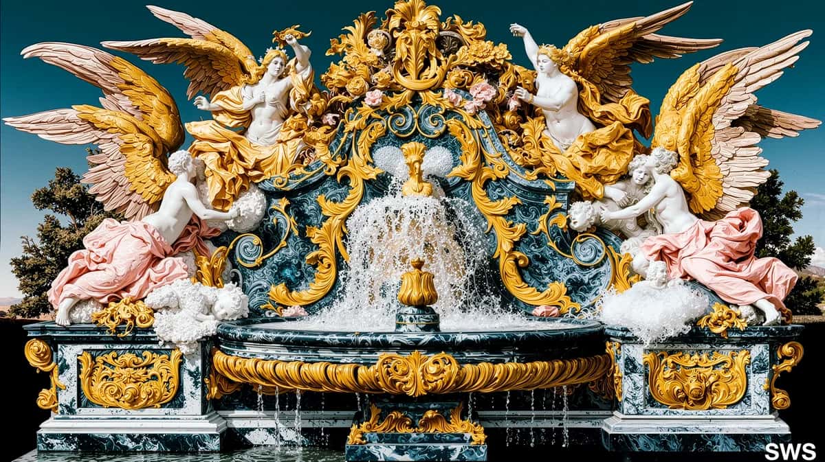 Ornate baroque fountain with golden cherubs, turquoise water backdrop, classical symmetrical design
