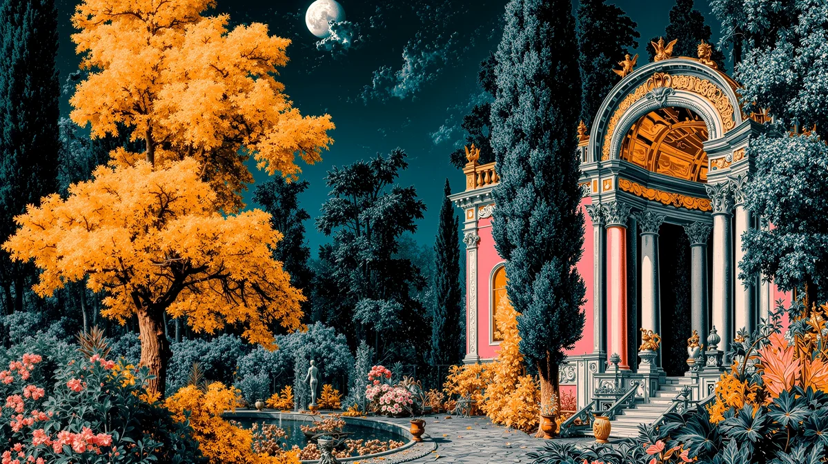 Surreal garden with golden tree, classical colonnade, teal sky, ornate architecture and luminous foliage