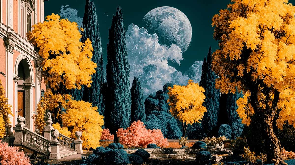 Surreal night landscape with golden trees, classical building, full moon, teal sky