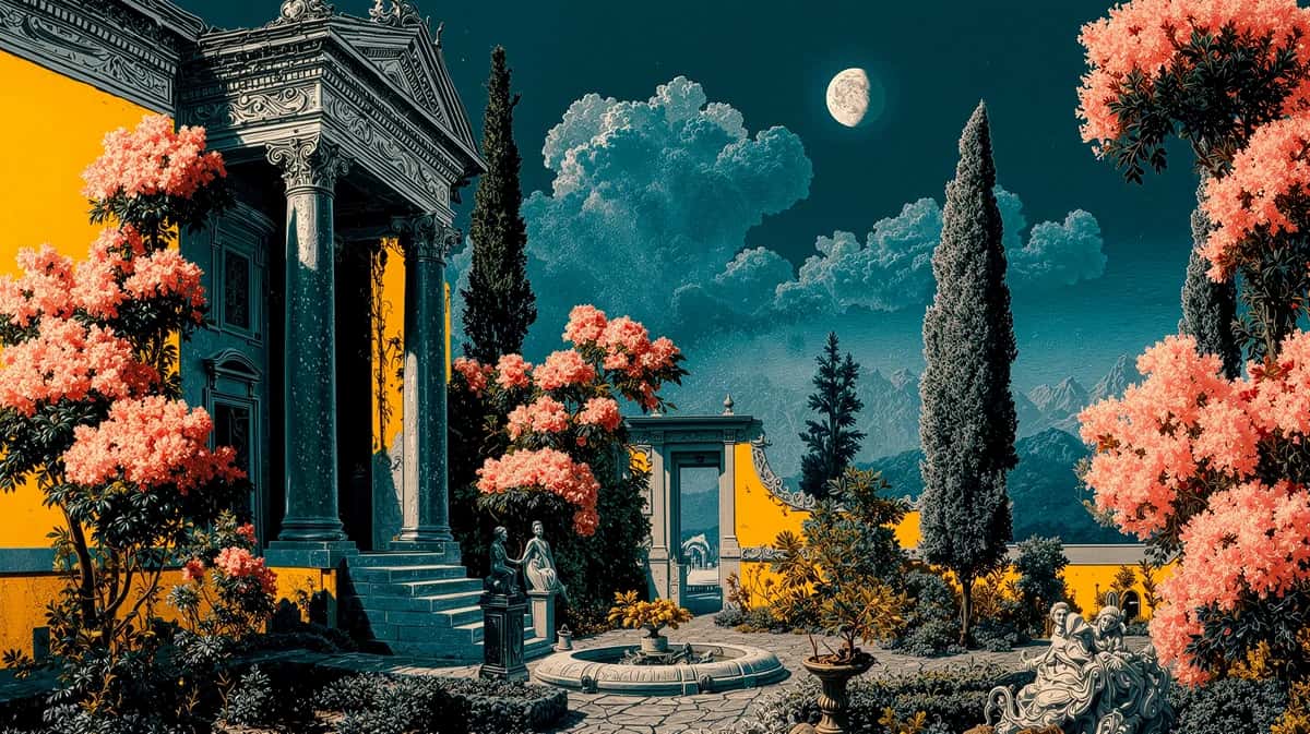 Surreal garden with coral flowers, yellow classical building, teal sky and moon
