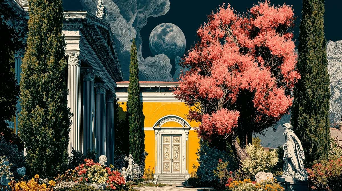 Classical garden courtyard with coral flowering tree, yellow building, white columns, and cypress trees