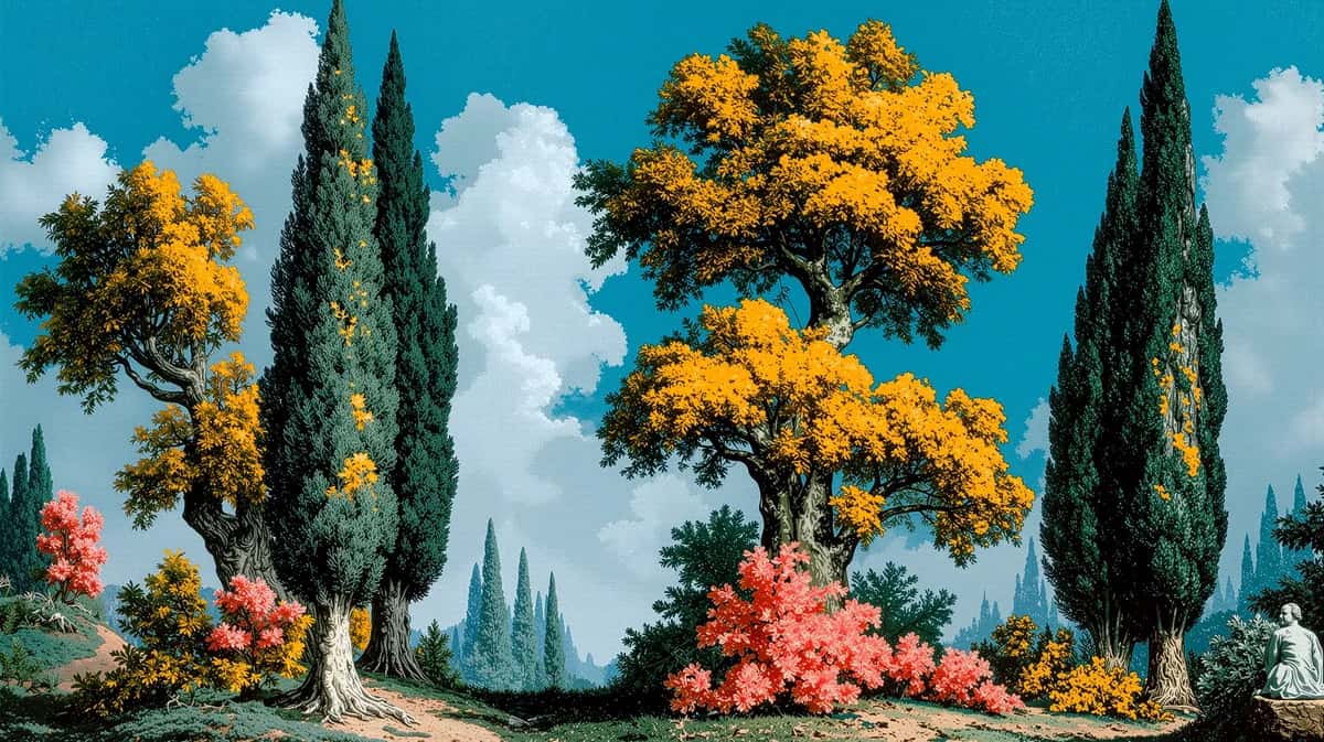 Verdant landscape with tall cypress trees, golden and coral flowering trees, blue sky and white clouds