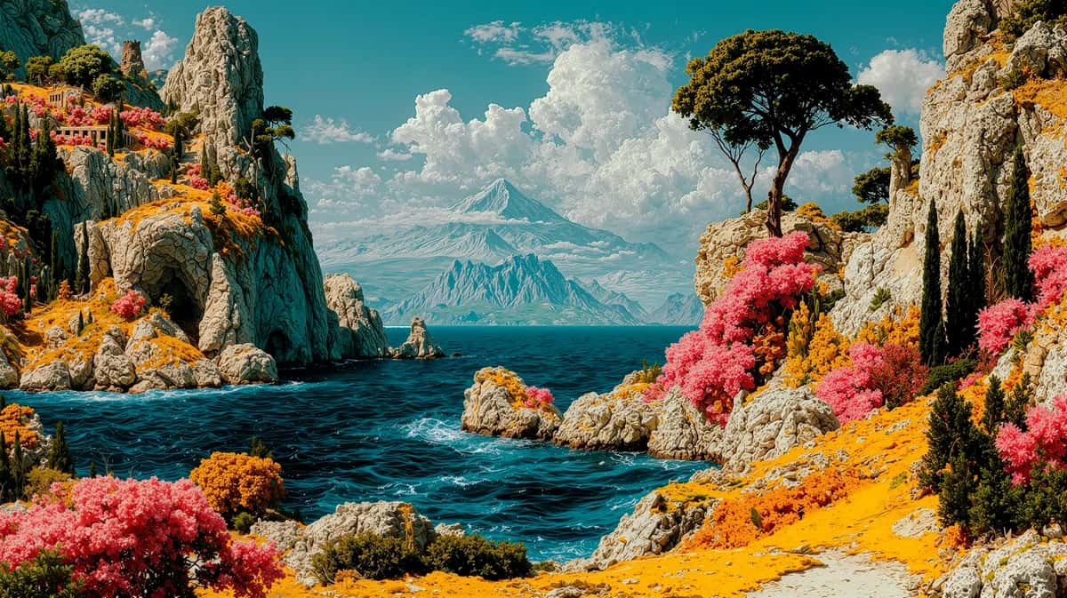 Scenic coastal landscape with turquoise sea, flowering cliffs, distant mountain, blue sky