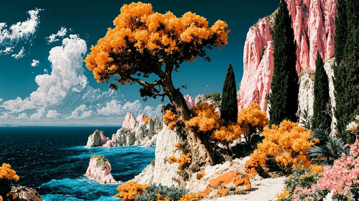 Coastal Mediterranean landscape with golden trees, turquoise sea, and pink flowering vines under blue sky