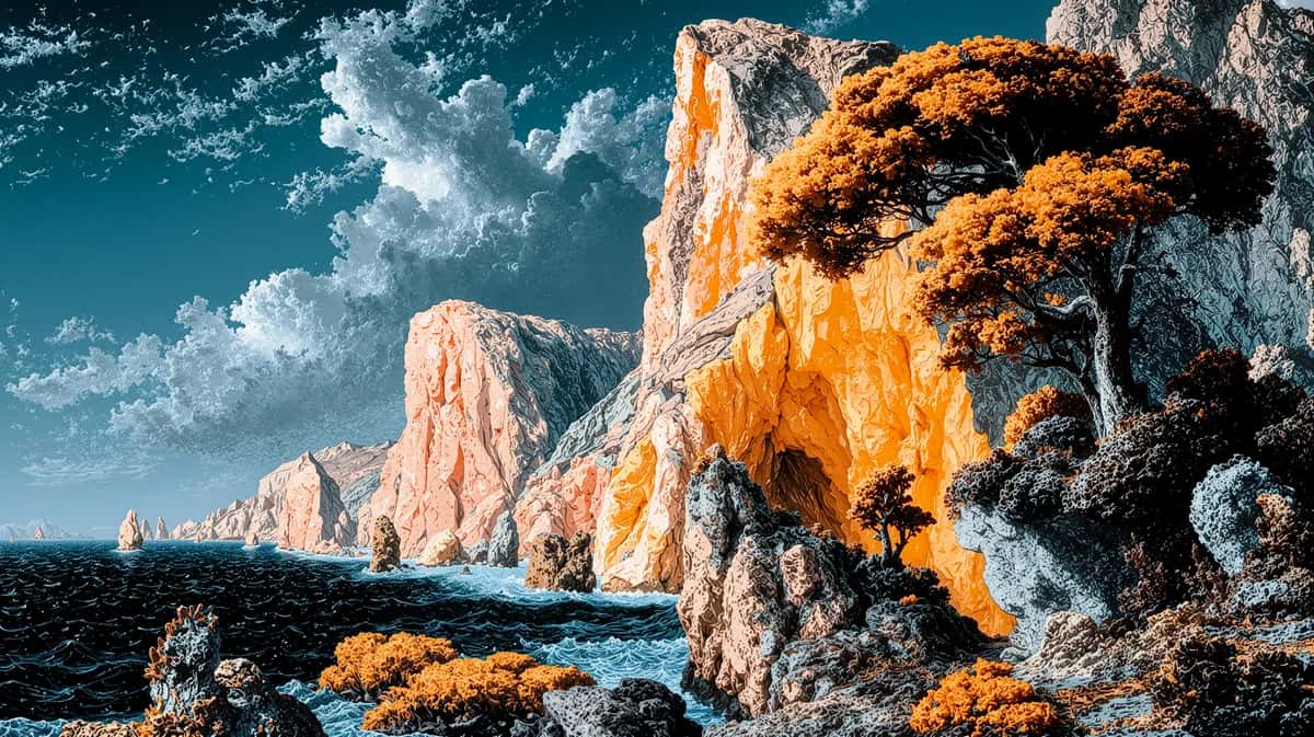 Dramatic coastal cliffs with golden lichen, turquoise sea, and windswept tree under blue sky