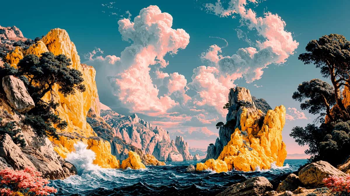 Dramatic rocky islands with golden cliffs, turquoise sea, pink clouds, teal sky
