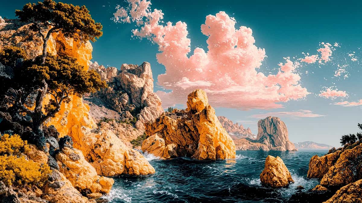 Golden rocky cliffs and sea stacks with turquoise water and pink sunset clouds