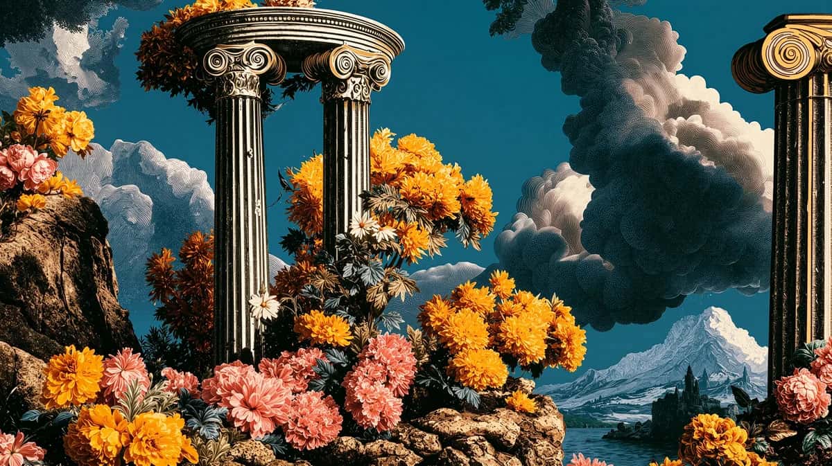 Neoclassical columns with golden and pink flowers against dramatic blue sky and clouds