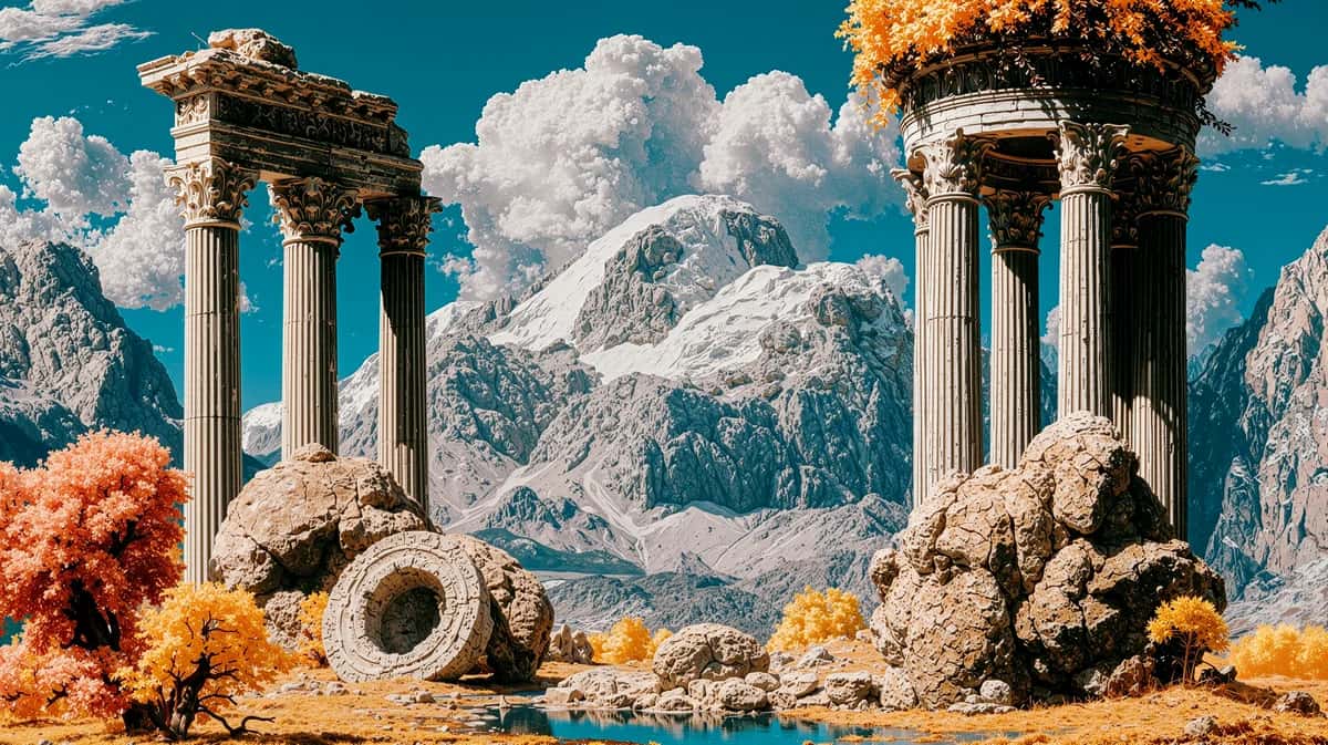 Ancient Greek columns ruins turquoise sky golden autumn foliage mountain landscape