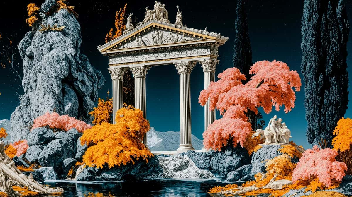 Classical white stone temple with columns surrounded by vibrant coral and golden autumn foliage against deep teal sky