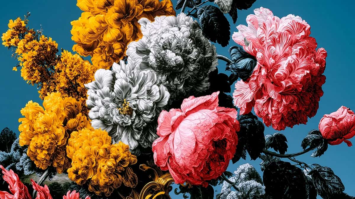 Vibrant garden flowers against blue sky, yellow roses pink peonies white blooms clustered composition