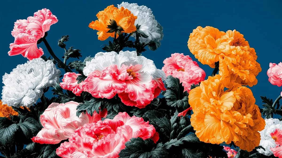 Vibrant blooming roses in pink, orange, and white against deep blue sky background