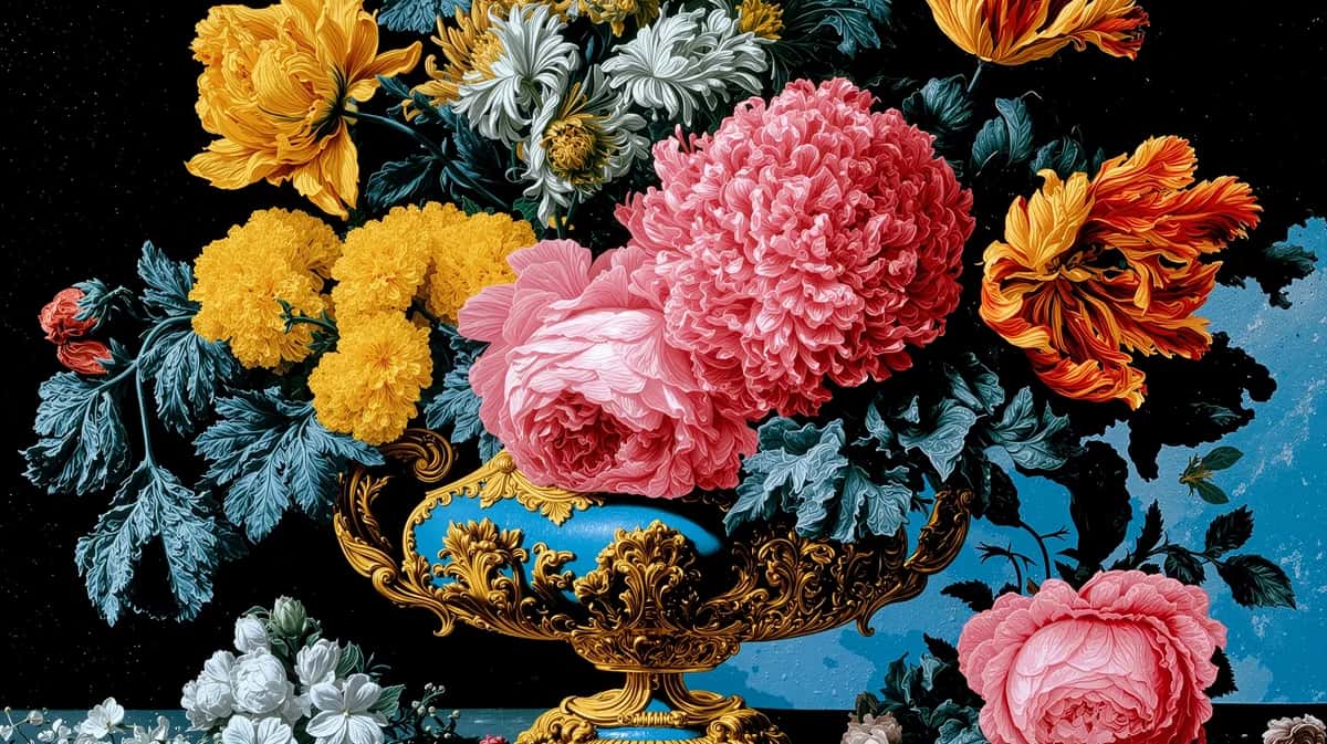 Ornate golden bowl with vibrant pink roses, yellow chrysanthemums, and orange flowers against dark blue background