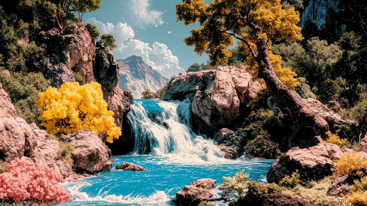 Cascading waterfall surrounded by golden and pink foliage, turquoise pool, rocky cliffs, bright blue sky