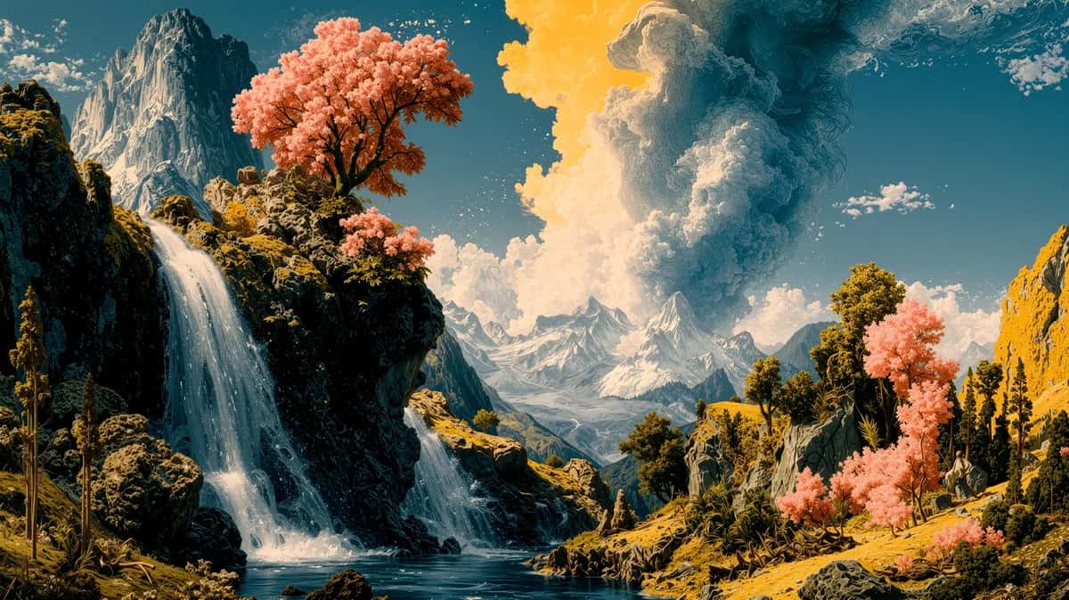 Waterfall cascading through golden cliffs with blooming cherry trees and snow-capped peaks under turquoise sky