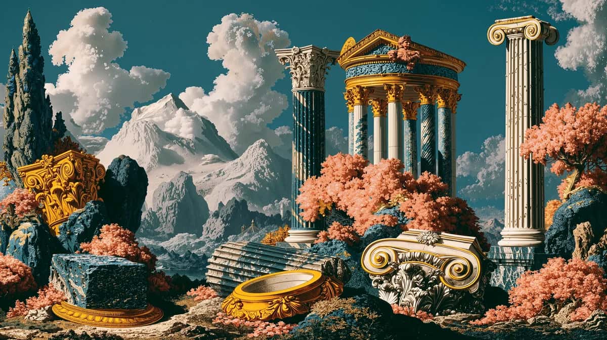 Classical Greek ruins with golden columns, teal sky, coral flowering trees, ethereal clouds