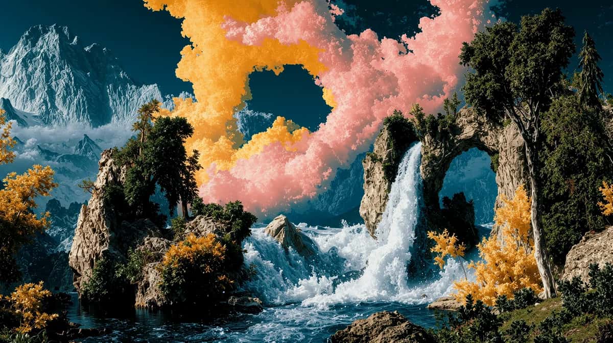 Surreal landscape with golden and pink clouds, rocky cliffs, waterfall, and teal water against deep blue sky