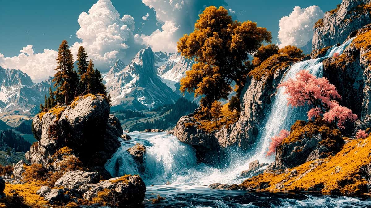Fantasy mountain landscape with golden trees, turquoise waterfall, blue peaks, and dramatic clouds