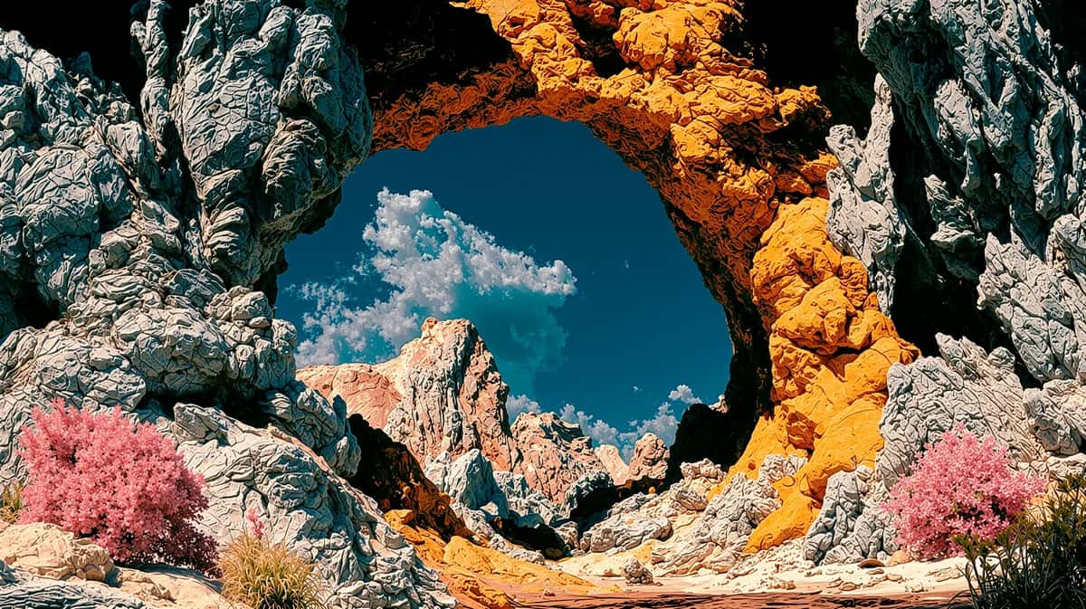 Desert rock formation with natural arch opening to blue sky, pink shrubs, golden and teal tones