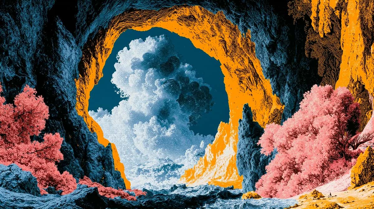 Golden cave opening with pink foliage framing blue sky and white clouds view