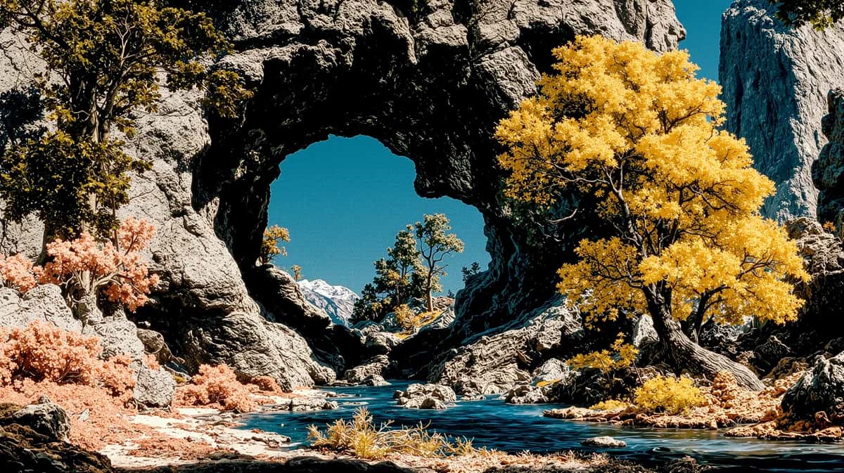 Natural rock arch framing turquoise water, golden yellow tree, clear blue sky