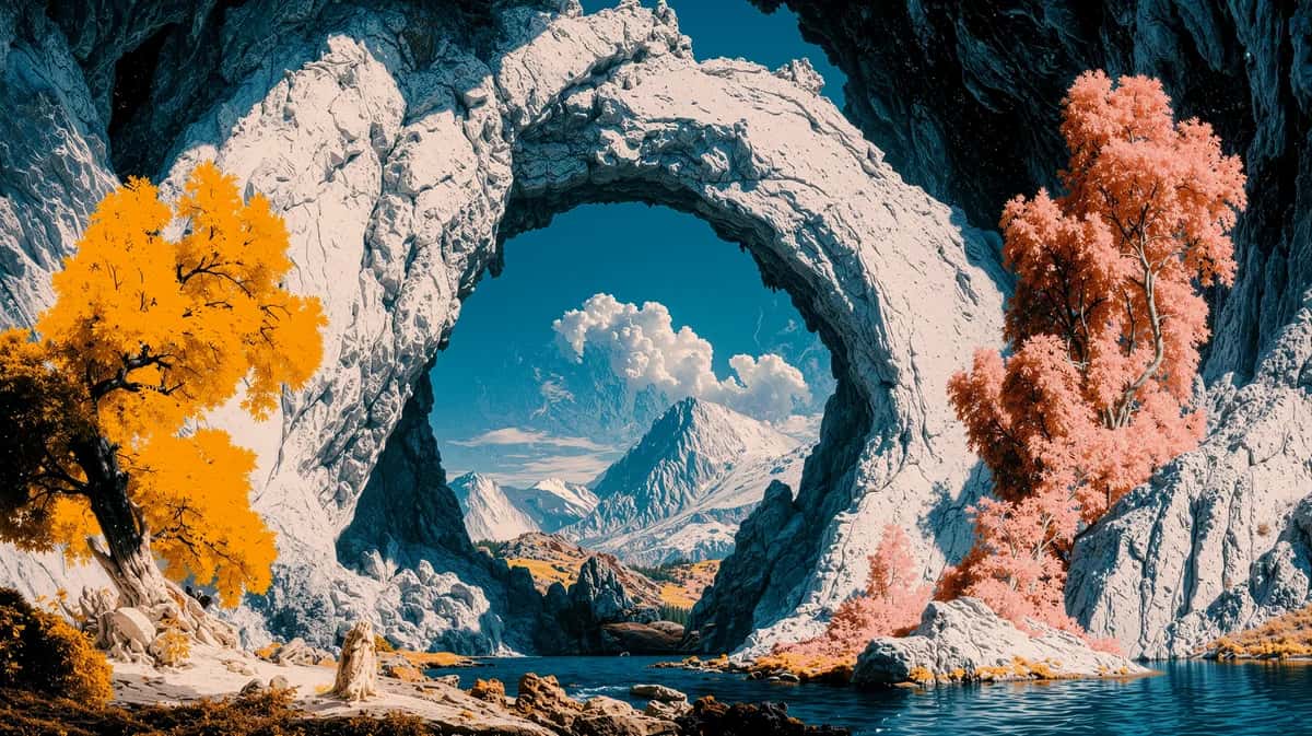 Circular stone arch framing mountain landscape, golden foliage, turquoise sky, dramatic natural frame