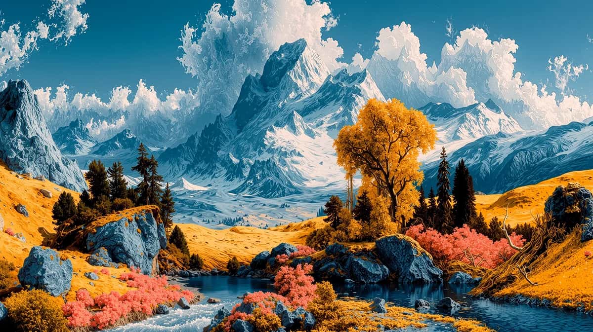 Surreal valley of golden meadows and pink foliage below snow-capped peaks and turquoise sky