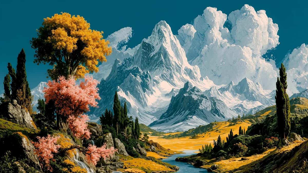 Alpine mountain landscape with golden meadow, blue sky, colorful trees, and snow peaks