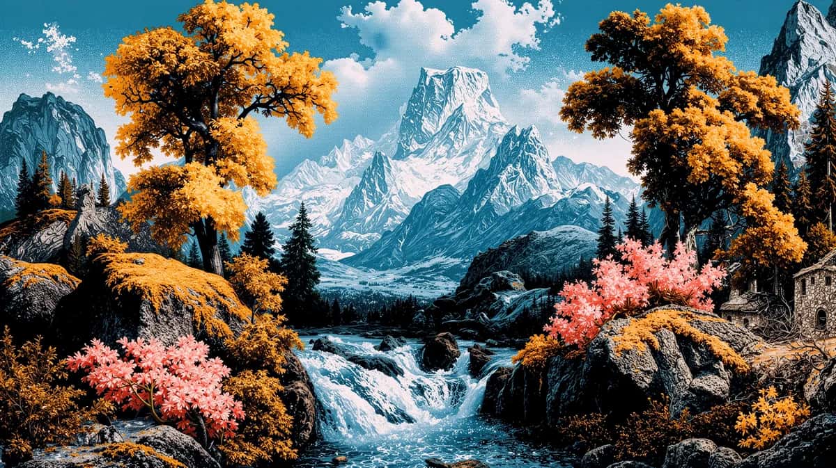 Mountain landscape with golden autumn trees, pink foliage, cascading waterfall, blue sky