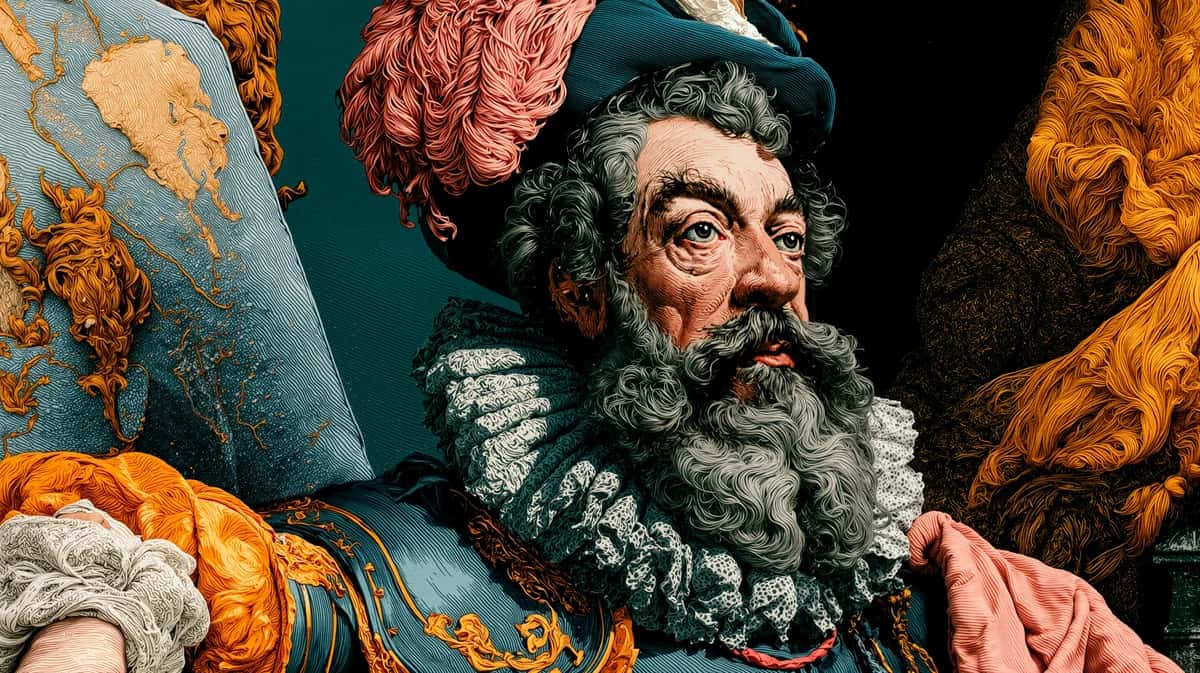 Bearded Renaissance man in teal hat and ornate gold fabric, rich jewel tones and classical portrait style