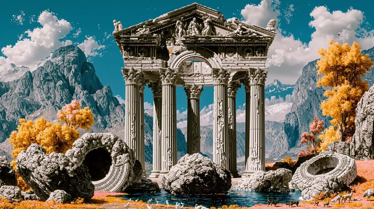 Ancient Greek temple ruins with Corinthian columns, turquoise sky, golden autumn foliage, mountain backdrop