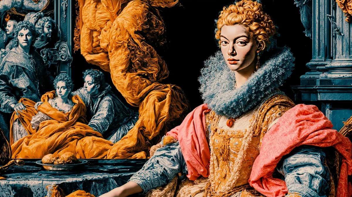 Renaissance portrait woman golden orange pink robes ornate architectural interior classical figures