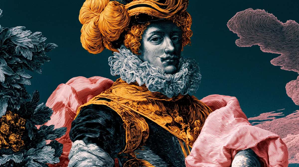 Renaissance portrait figure golden hair pink clothing teal background ornate