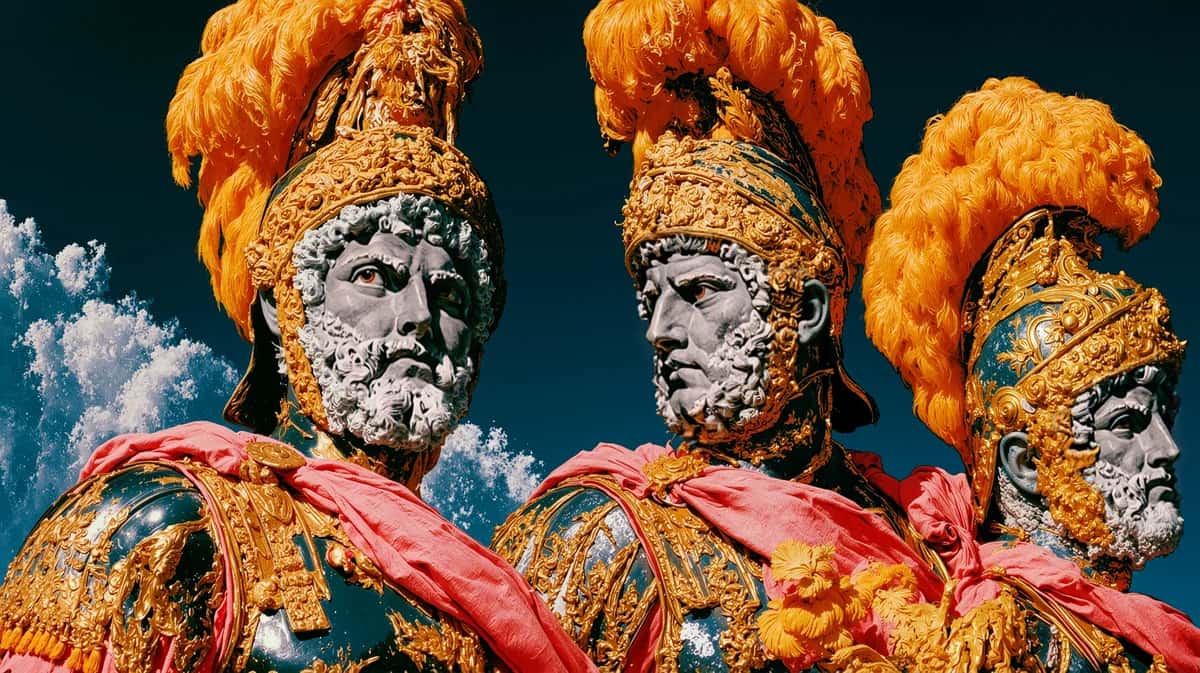Three ornate golden stone busts with flame-like orange hair against deep teal sky with white clouds