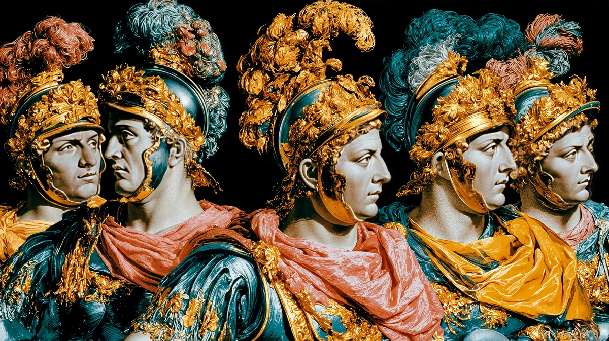 Golden classical bust sculptures with teal accents on black background, profile arrangement