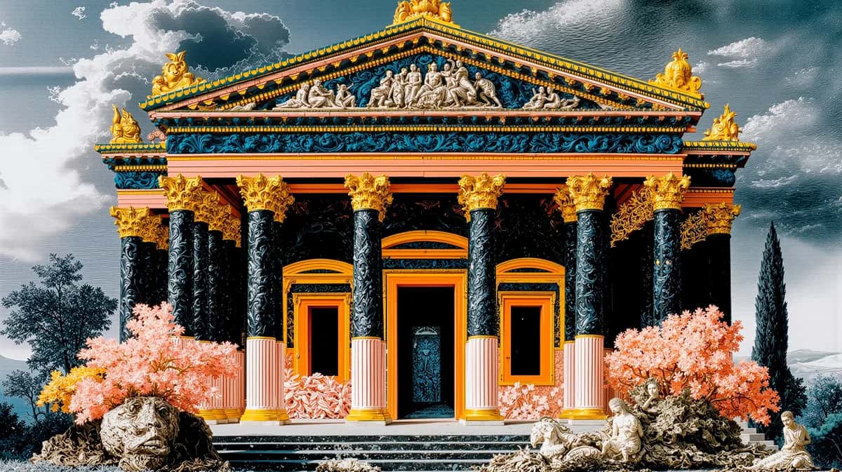 Golden neoclassical temple with ornate columns, pink flowering shrubs, dramatic sky