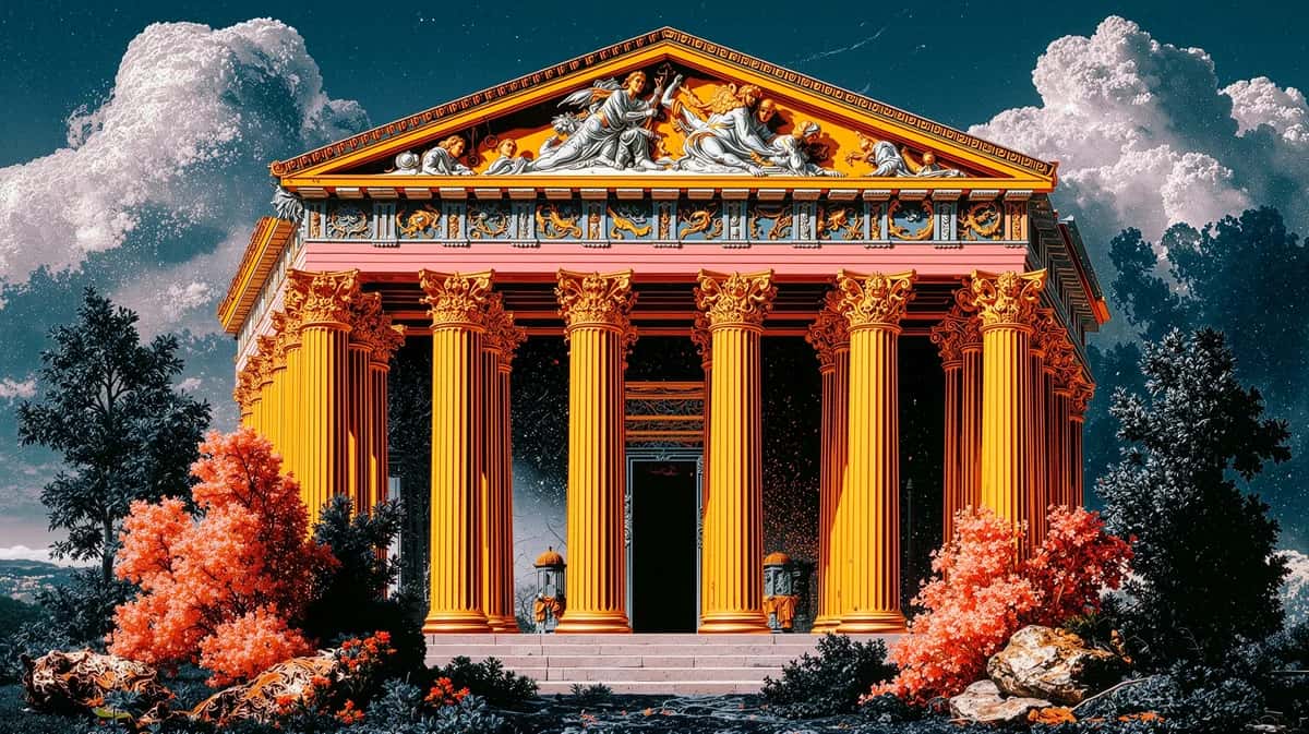 Pop-art Greek temple with orange-yellow columns framed by autumn foliage and dramatic clouds