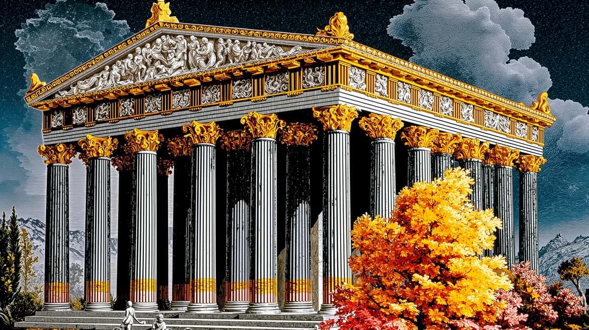 Golden classical temple with white columns, dramatic orange flowering tree, stormy sky backdrop