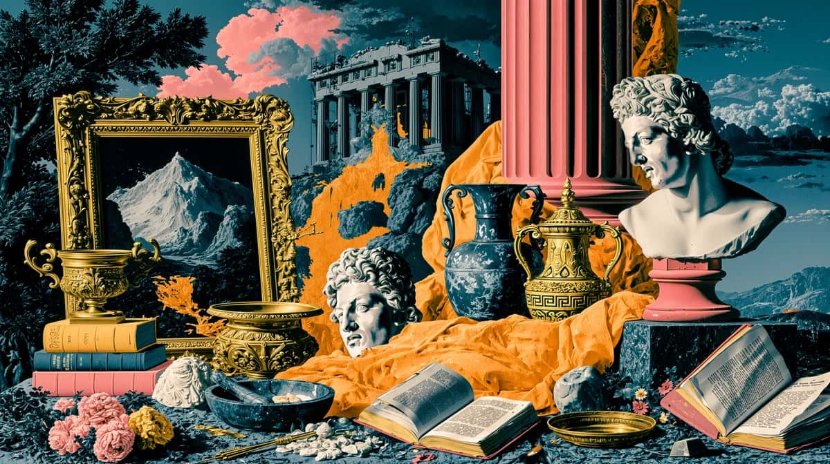 Surreal collage of Greek statues, columns, vases and a gold frame over a vivid blue sky