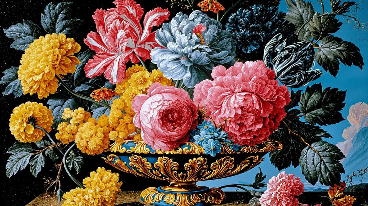 Ornate golden urn overflowing with yellow, pink, and blue roses against dark foliage and bright sky