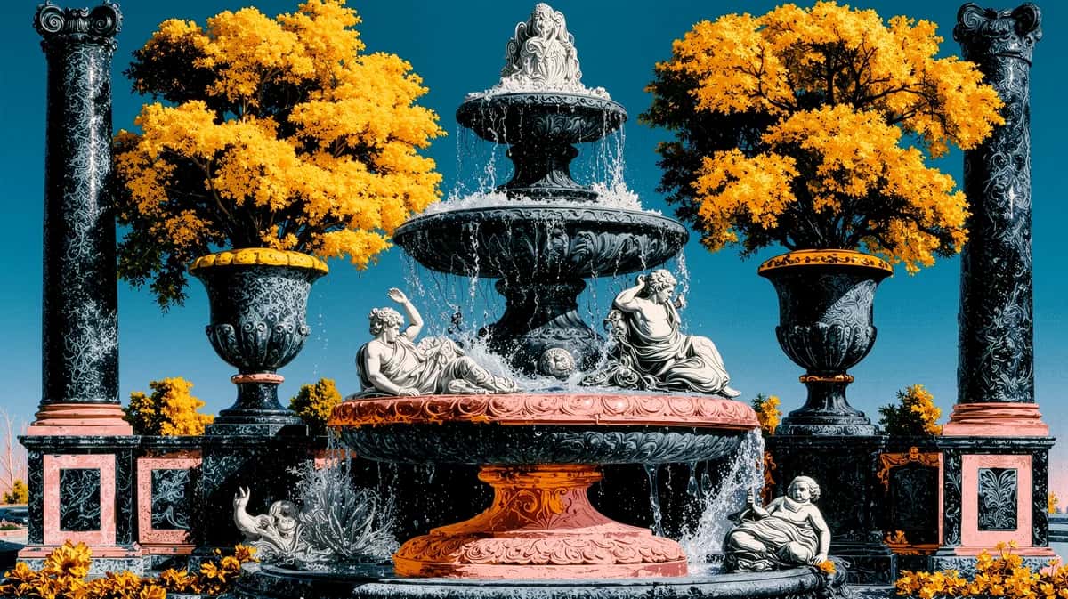 Ornate garden fountain with golden topiary trees, classical sculptures, teal sky, symmetrical baroque composition