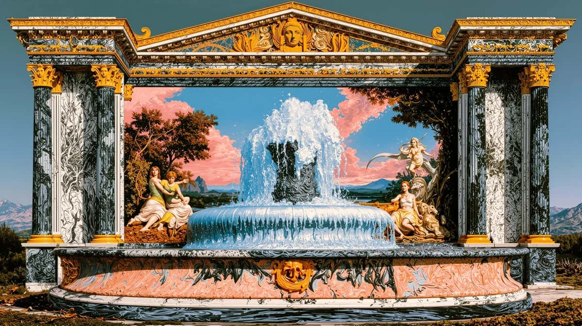 Ornate golden classical stage with marble columns framing idyllic landscape fountain scene, warm sunset lighting
