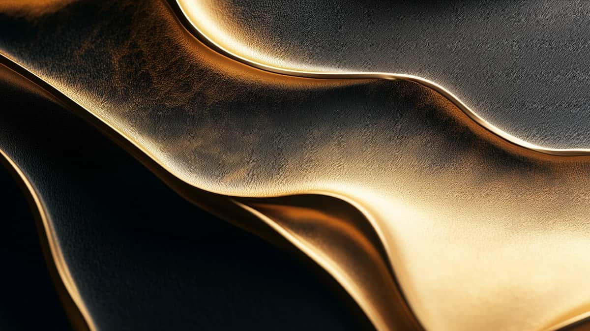 Abstract flowing wave forms with golden and cream highlights against deep black background