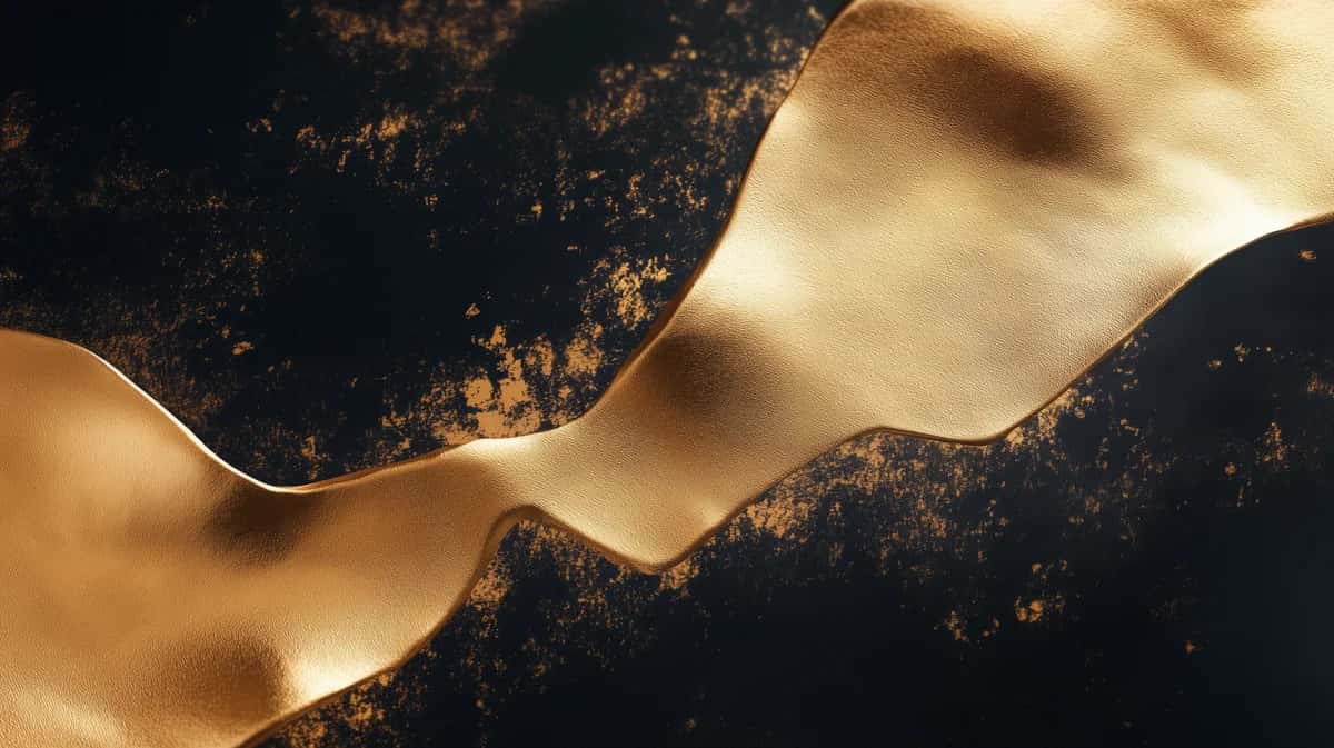 Abstract golden liquid forms flowing across dark background with organic waves and metallic shimmer
